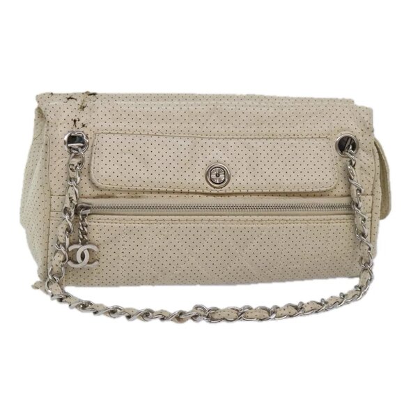 CHANEL Chain Shoulder Bag Punching leather White Silver CC Auth 91310 - Picture 1 of 15